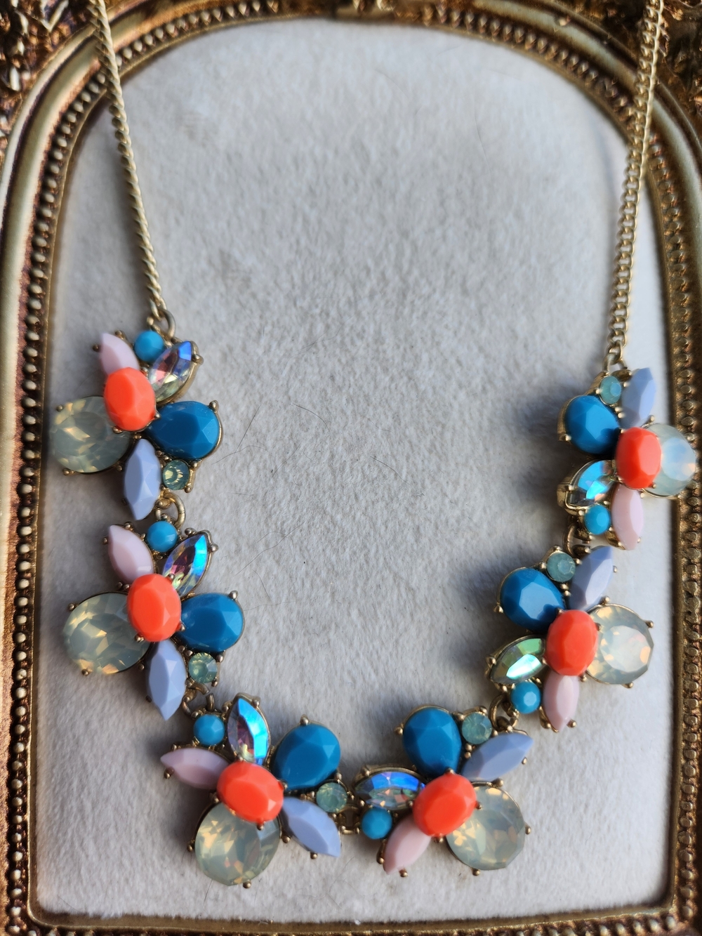 J. Crew  Floral Crystal Statement Necklace Turquoise Blue, Coral & Opal Y2K